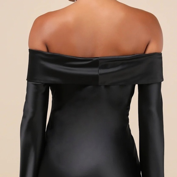 Lulus Luxurious Vision Black Satin Off-the-shoulder Mini Dress - Size L - Picture 2 of 2